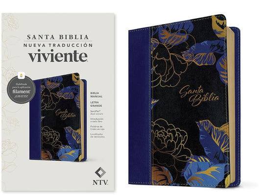 Biblia manual NTV, letra grande con Filament (SentiPiel, Azul oscuro, Letra Roja) (Spanish Edition) cover image