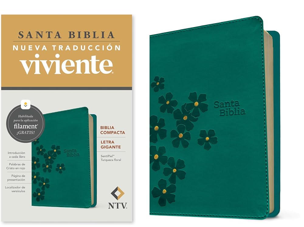 Biblia compacta NTV, letra gigante con Filament (SentiPiel, Turquesa floral, Letra Roja) (Spanish Edition) cover image