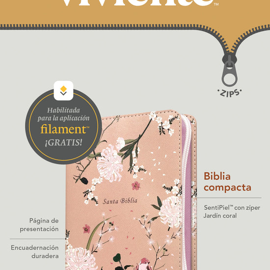 Biblia NTV Compacta con zíper, SentiPiel Jardín coral, con Filament