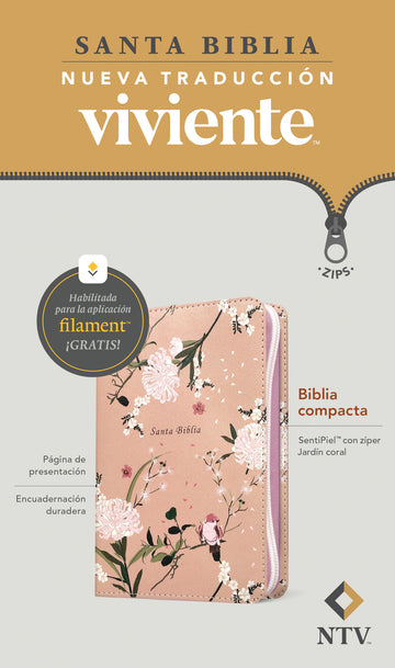Biblia NTV Compacta con zíper, SentiPiel Jardín coral, con Filament