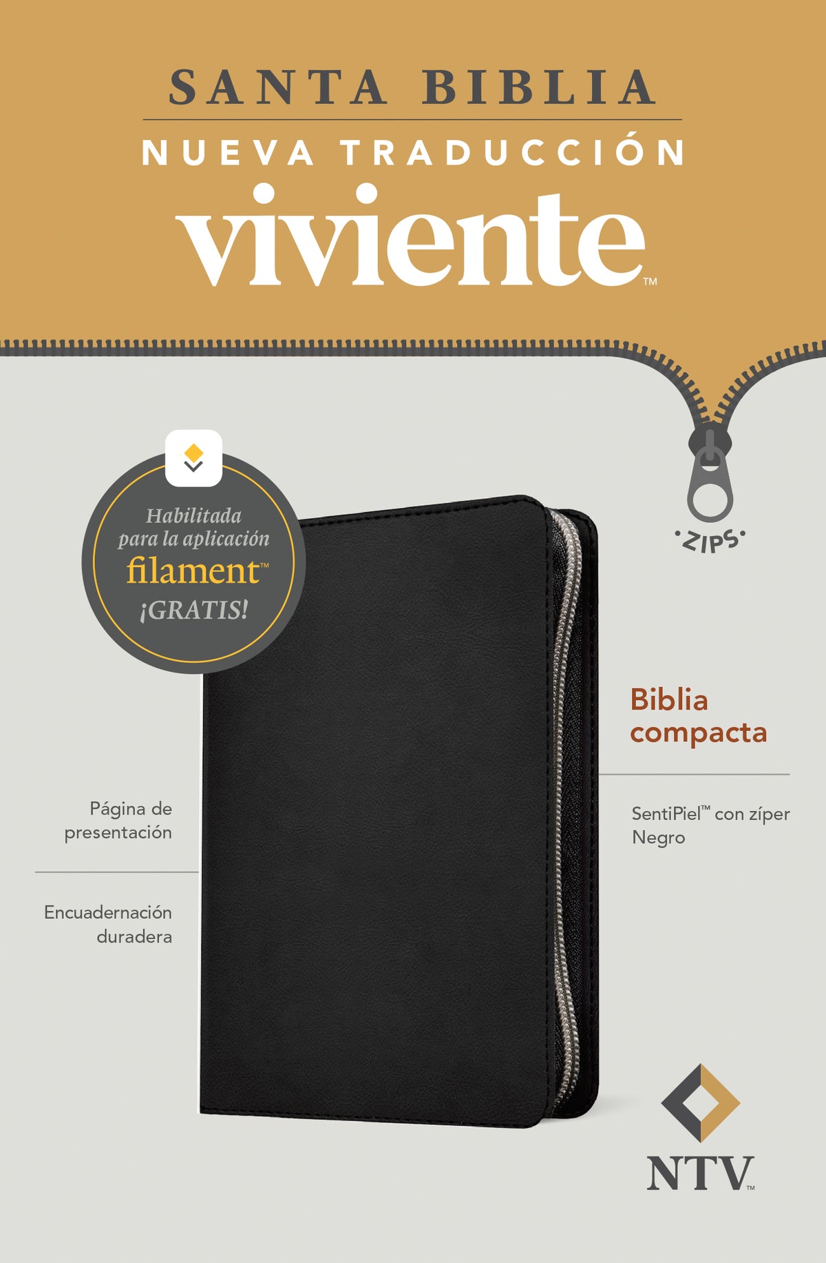 Biblia NTV Compacta con zíper, SentiPiel Negro, con Filament