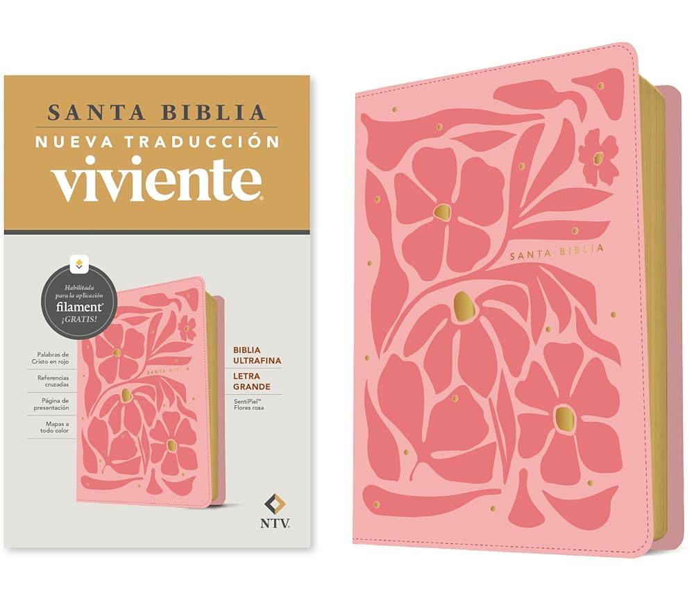 Biblia ultrafina NTV, letra grande con Filament (SentiPiel, Flores rosa, Letra Roja) (Spanish Edition) cover image