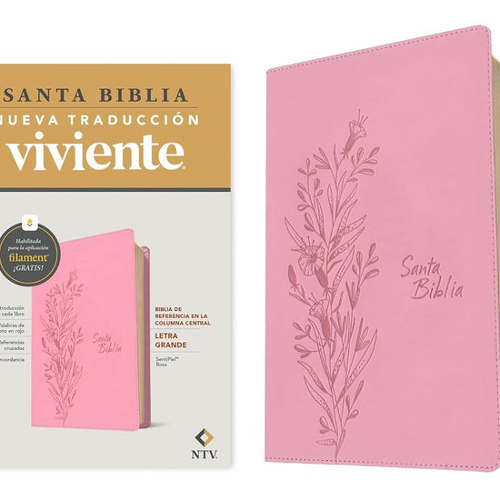Biblia de referencia en la columna central NTV, letra grande con Filament (SentiPiel, Rosa, Letra Roja) (Spanish Edition) cover image