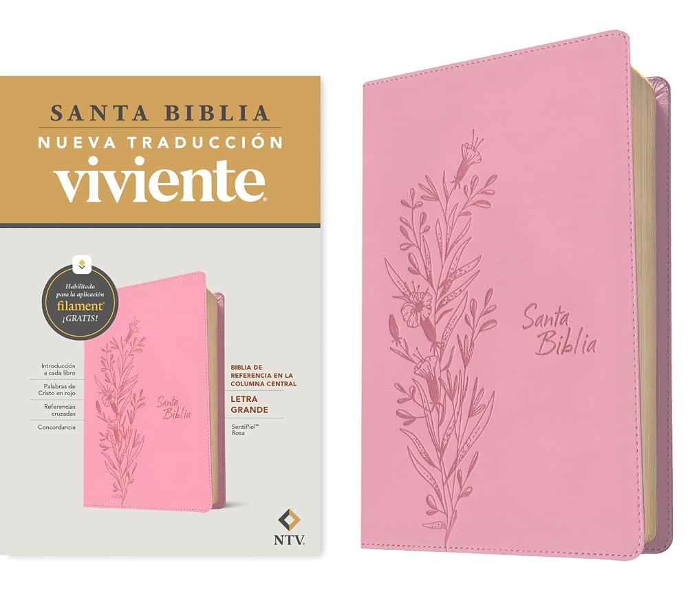 Biblia de referencia en la columna central NTV, letra grande con Filament (SentiPiel, Rosa, Letra Roja) (Spanish Edition) cover image