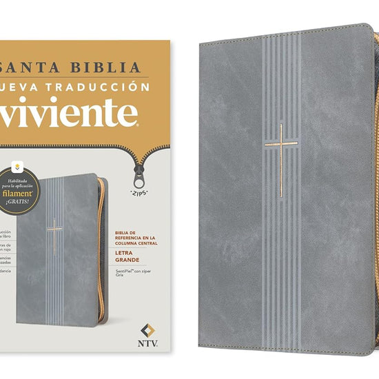 Biblia de referencia en la columna central NTV, letra grande de zíper con Filament (SentiPiel, Gris, Letra Roja) (Spanish Edition) cover image