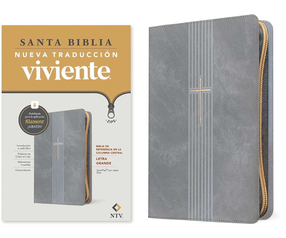 Biblia de referencia en la columna central NTV, letra grande de zíper con Filament (SentiPiel, Gris, Letra Roja) (Spanish Edition) cover image