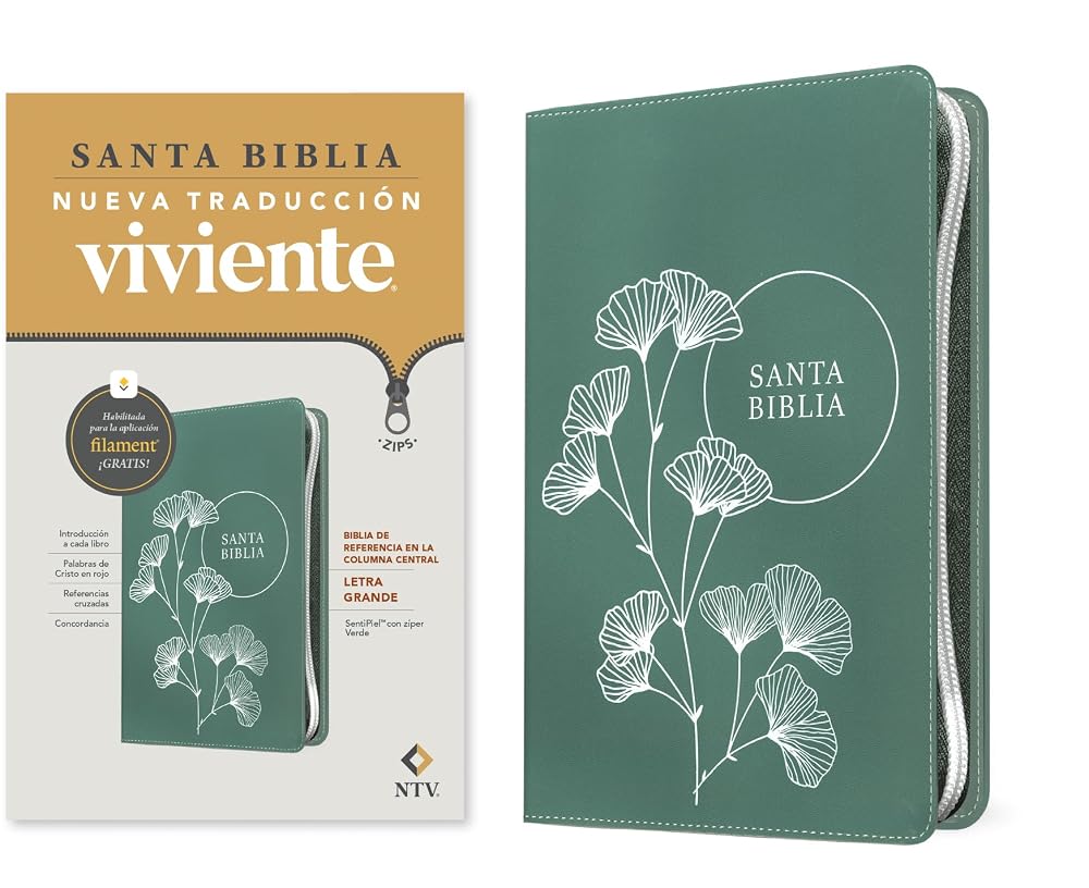 Biblia de referencia en la columna central NTV, letra grande de zíper con Filament (SentiPiel, Verde, Letra Roja) (Spanish Edition) cover image