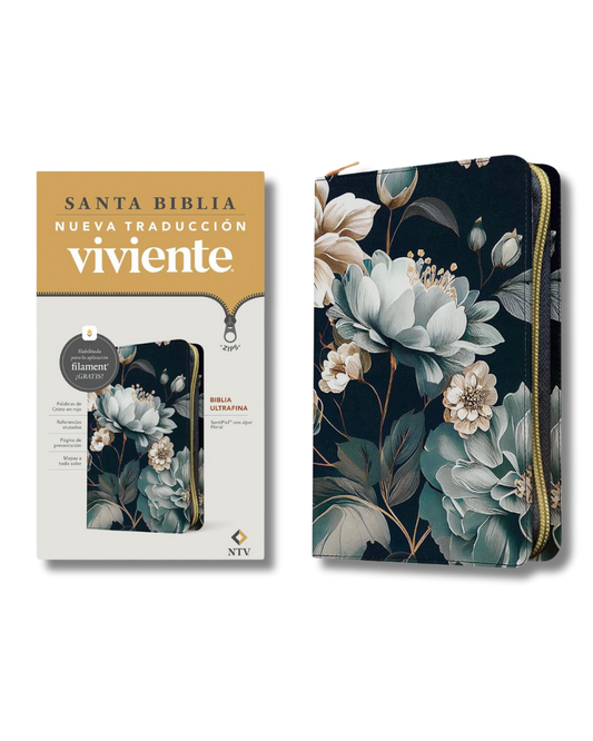 Biblia Ultrafina con Filament | NTV, Color Azul, Floral, Zíper, Piel