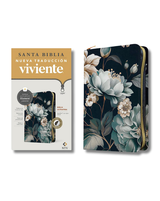 Biblia Ultrafina con Filament | NTV, Color Azul, Floreada, Zíper, Piel con Índice