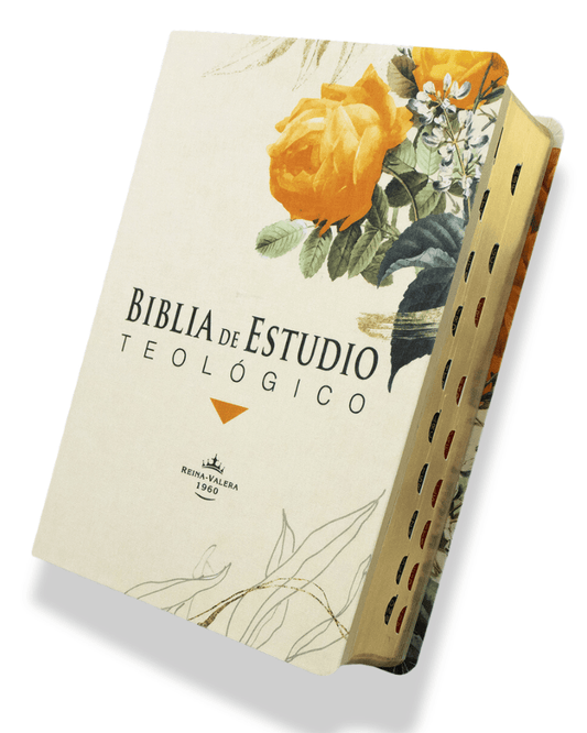 Biblia de Estudio Teológico Floreada | (RVR1960), imitación piel, blanca con flores anaranjadas