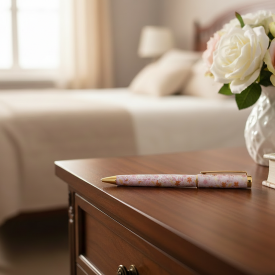 Wooden side table with a vase of flowers and books in a bedroom setting
