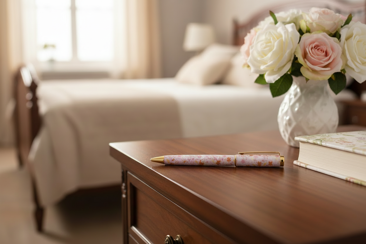 Wooden side table with a vase of flowers and books in a bedroom setting