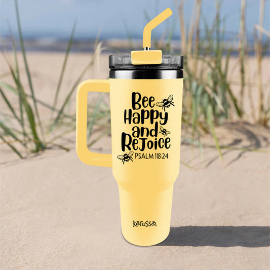 Stainless Steel Mug With Straw Bee Happy And Rejoice