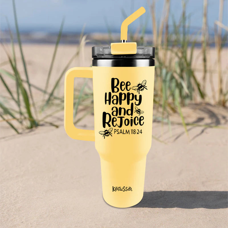 Stainless Steel Mug With Straw Bee Happy And Rejoice