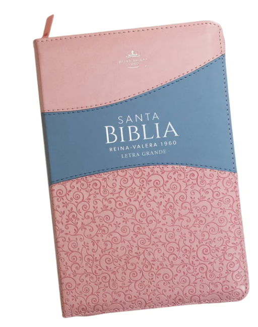 Biblia RVR 1960 Letra Grande, Tamaño Manual, Símil Piel Rosa Azul, con Índice y Cierre