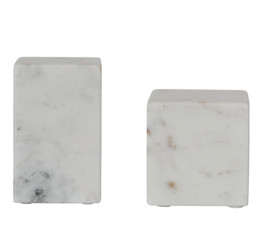 Cubo de mármol y sujetalibros cuboides, blanco, juego de 2