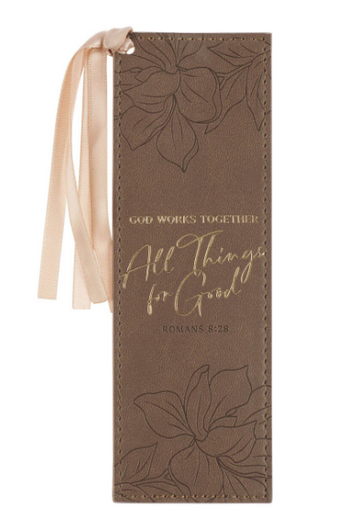All Things For Good Ash-Brown Faux Leather Bookmark - Romans 8:28