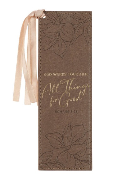 All Things For Good Ash-Brown Faux Leather Bookmark - Romans 8:28