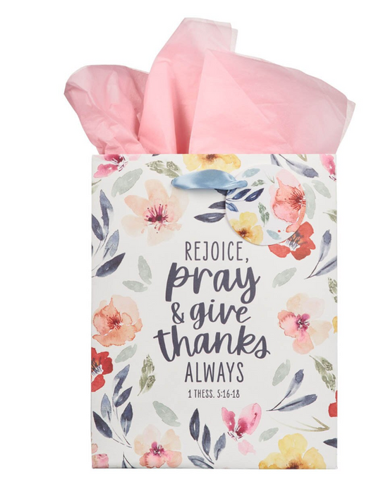 Rejoice Bright Floral Large Portrait Gift Bag - 1 Thessalonians 5:16-18