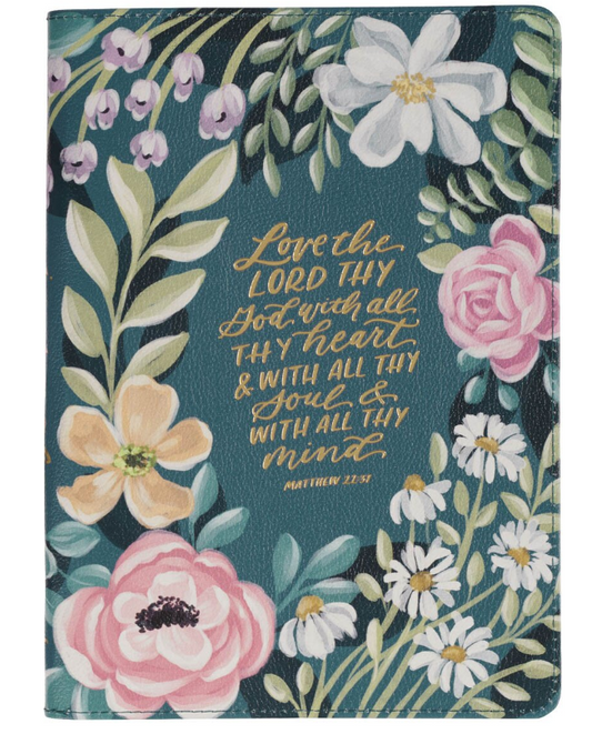 Love the Lord Teal Floral Faux Leather Journal with Zipper Closure - Matthew 22:37