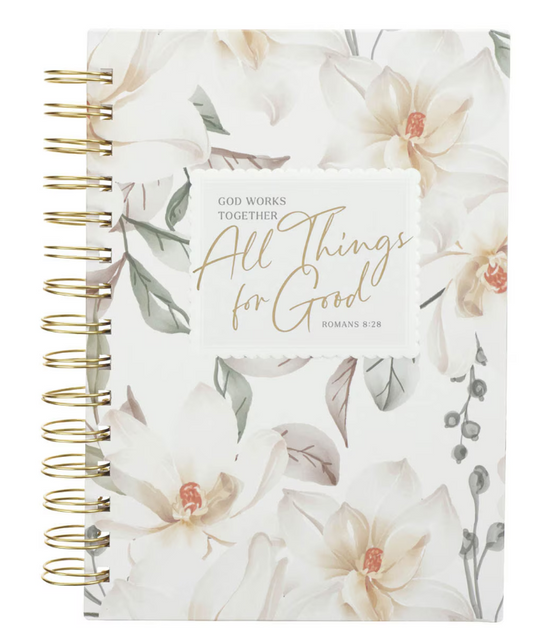 All Things for Good White Magnolia Spiral Journal - Romans 8:28