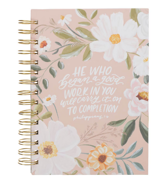 Good Work Peach Floral Spiral Journal - Philippians 1:6