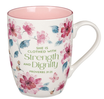 Strength and Dignity Pink Floral Ceramic Coffee Mug - Proverbs 31:25