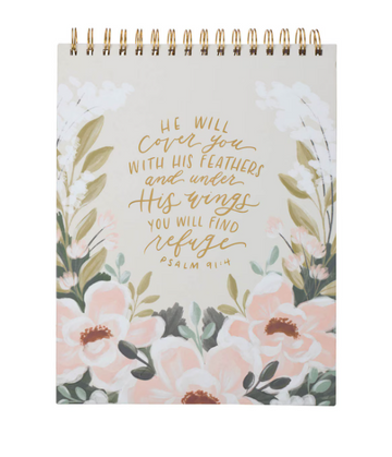 Under His Wings Green Floral Spiral Notepad - Psalm 91:4