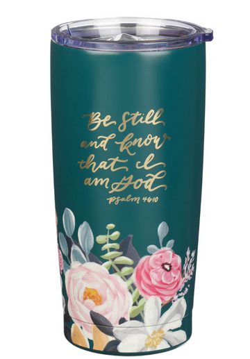 Be Still Teal Floral Stainless Steel Travel Tumbler - Psalm 46:10