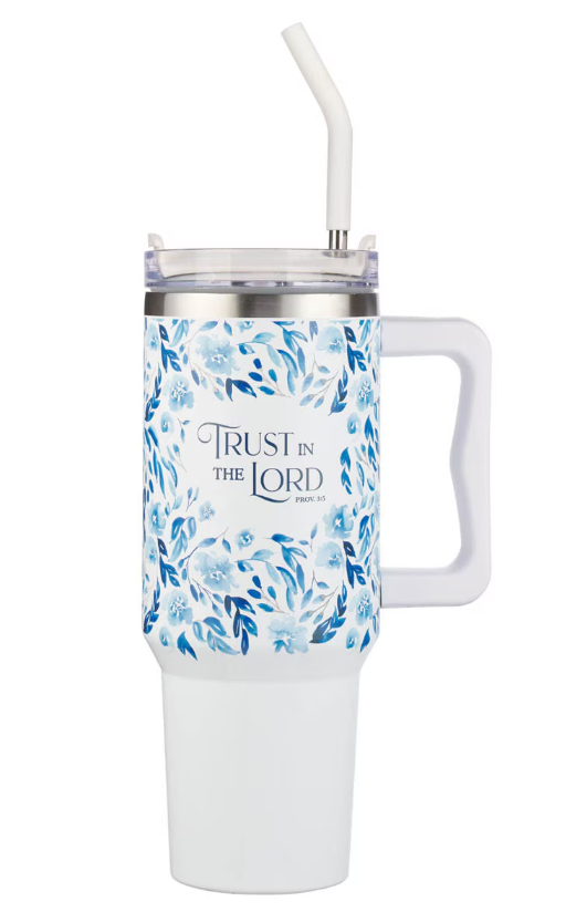 Trust in the Lord Blue Botany 40 oz Stainless Steel Travel Tumbler with Straw - Proverbs 3:5