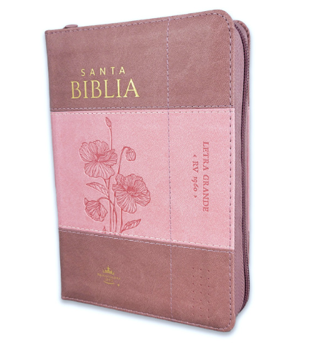 Santa Biblia RVR1960 Letra Grande con zíper e índice – Cuerina coral y rosa con flores