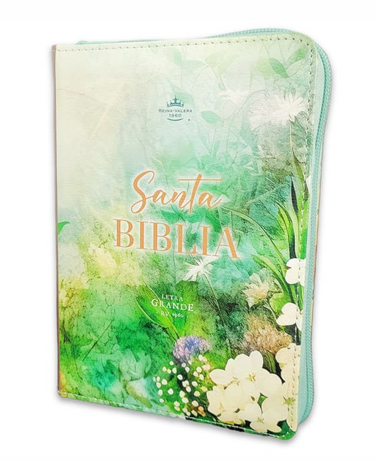 RVR60 Biblia Tamaño Portatil Letra Grande con Cierre e Índice Imitación Piel - Vintage Primavera