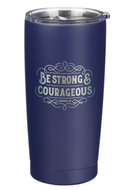 Vaso de viaje de acero inoxidable azul marino "Fuerte y Valiente" - Josué 1:9 (Strong and Courageous)