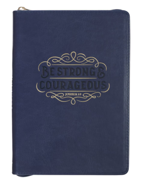 Diario Sé fuerte y valiente:  de piel sintética azul con cierre de cremallera - Josué 1:9 | Be Strong and Courageous