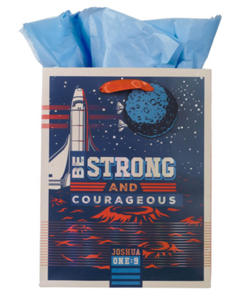Bolsa de regalo mediana "Sé fuerte y valiente" con texto en azul - Josué 1:9