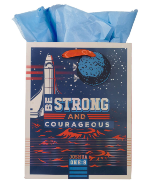 Bolsa de regalo mediana "Sé fuerte y valiente" con texto en azul - Josué 1:9