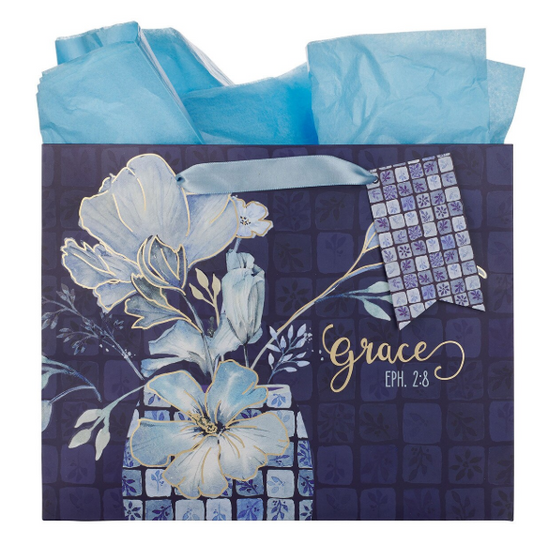 Bola de regalo grande Grace Blue Floral Ephesians 2:8 | Gracia Azul Floral Efesios 2:8