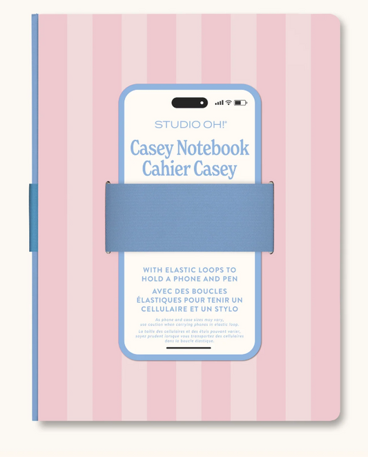 Pink Stripes Casey Notebook with Phone Loop | Libreta con sostenedor para bolígrafo y celular