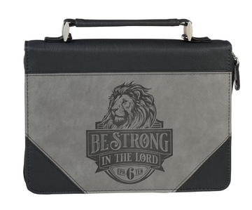 Cubierta para BIblia Be Strong in the Lord"se fuerte en el Señor" Black and Gray Lion Faux Leather Classic Bible Cover - Ephesians 6:10