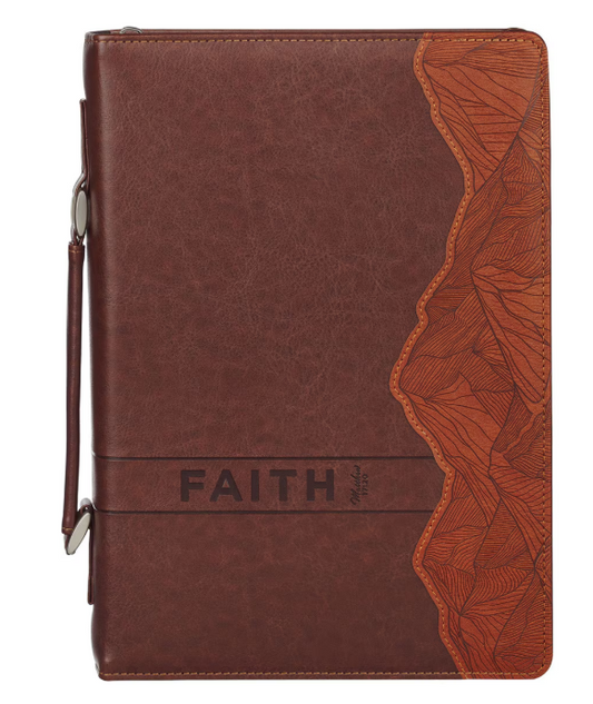 Funda de Biblia clásica de cuero sintético color castaño quemado Faith "Fe"- Mateo 17:20