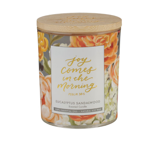 Joy Comes in the Morning Eucalyptus Sandalwood Scented Candle in a Glass Jar - Psalm 30:5