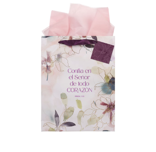 Bolsa de regalo vertical con Flor morada “Confía en el Señor” – Proverbios 3:5