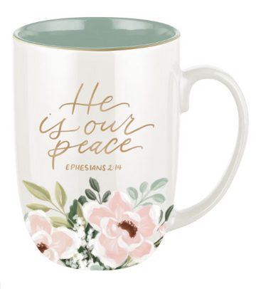 He Is Our Peace Green Floral Ceramic Coffee Mug – Ephesians 2:14 "El es nuestra paz"