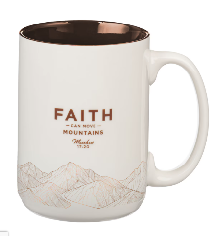 Faith Can Move Mountains White Ceramic Coffee Mug - Matthew 17:20 "fe mueve montañas"