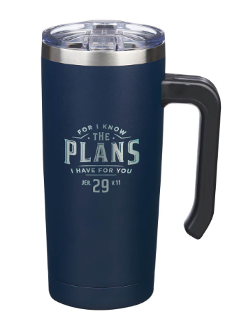 The Plans for You Navy Stainless Steel Travel Mug with Handle - Jeremiah 29:11"Planes para ti"
