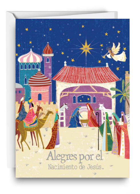 Tarjeta  navideña Alegres por el nacimiento de Jesús