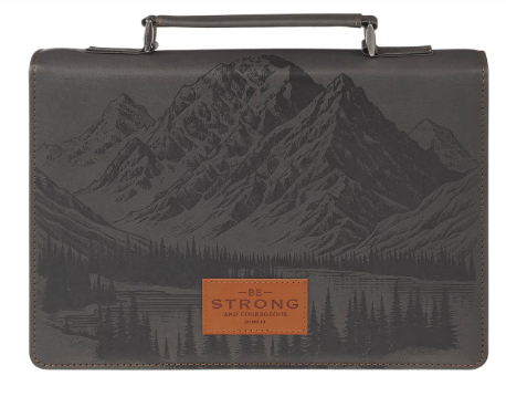 Funda para Biblia Sé Fuerte y Valiente | Gris Carbón Cuero Sintético | Josué 1:9