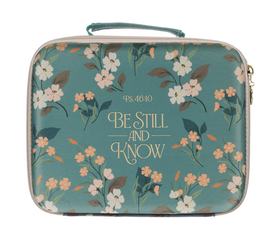 Funda Organizadora de Biblia Plegable Turquesa Be Still and Know | Salmo 46:10