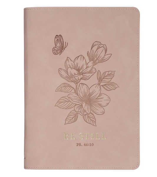 Cuaderno Be Still Rosa Floral con Cierre de Cremallera | Salmo 46:10