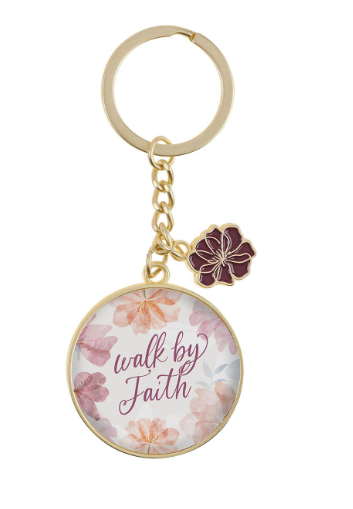 Llavero Walk by Faith | Cosmos Rosa Metal con Cadena y Medallón | 2 Corintios 5:7